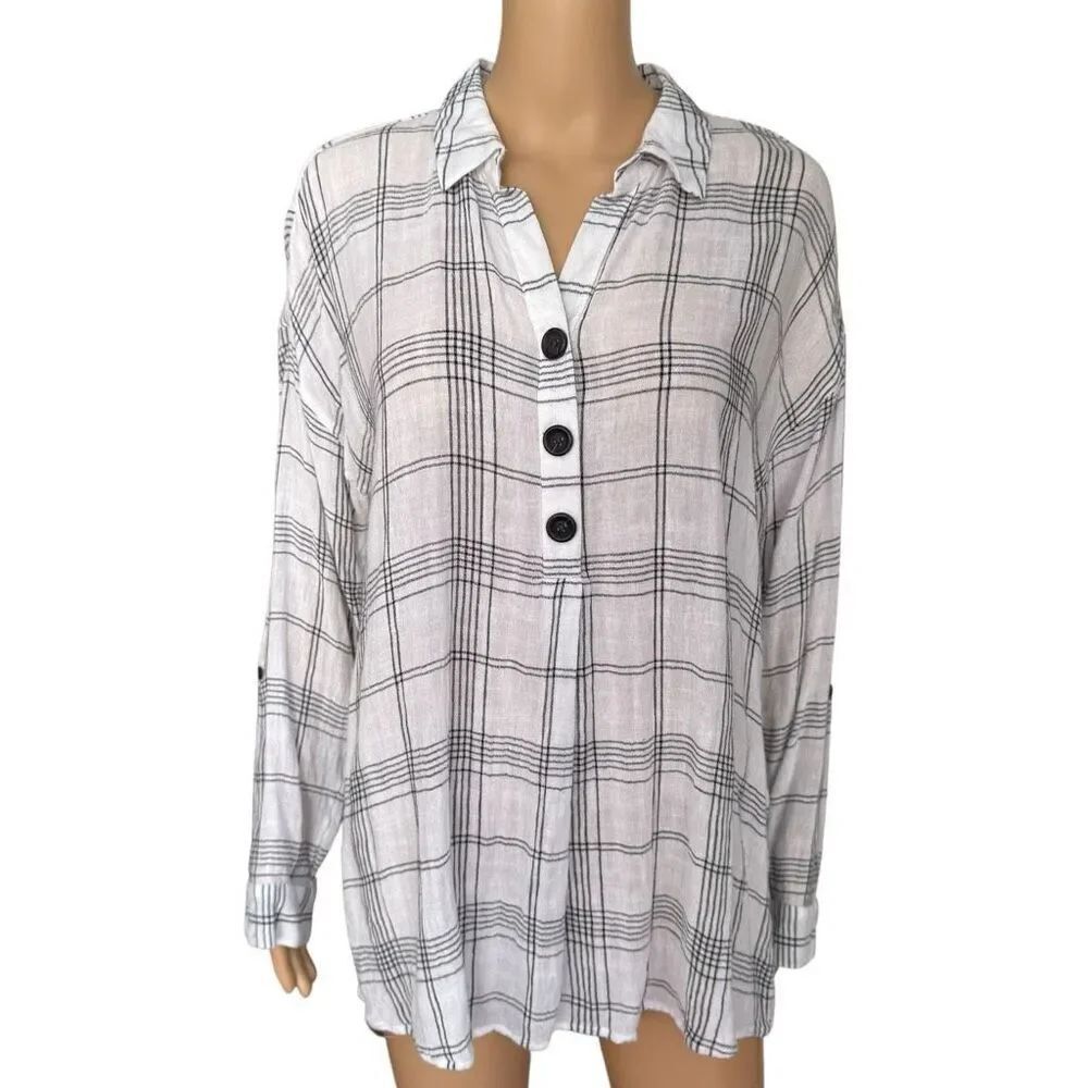 J. Jill Womens Blouse Button Plaid Popover Linen blend Western Country Girl sz L